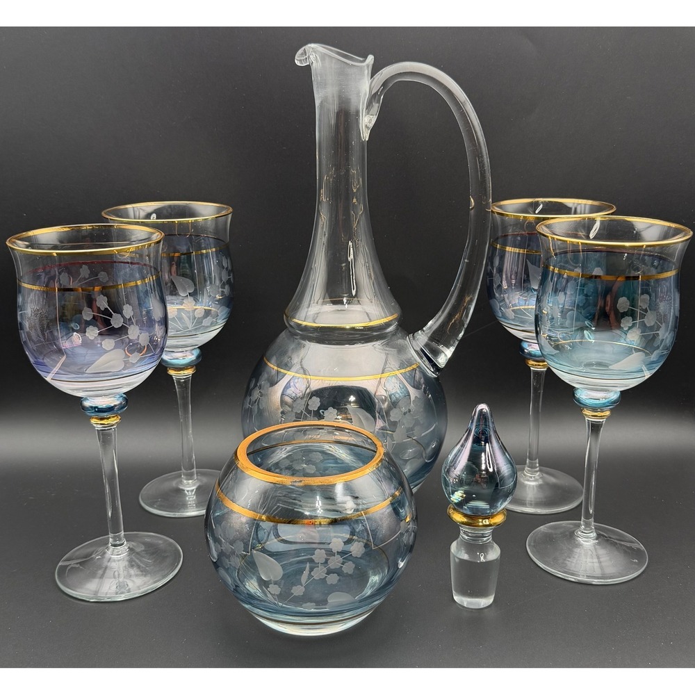 Vintage Blue Iridescent Etched Floral Glass Decanter Set Gold Rim 7 Piece